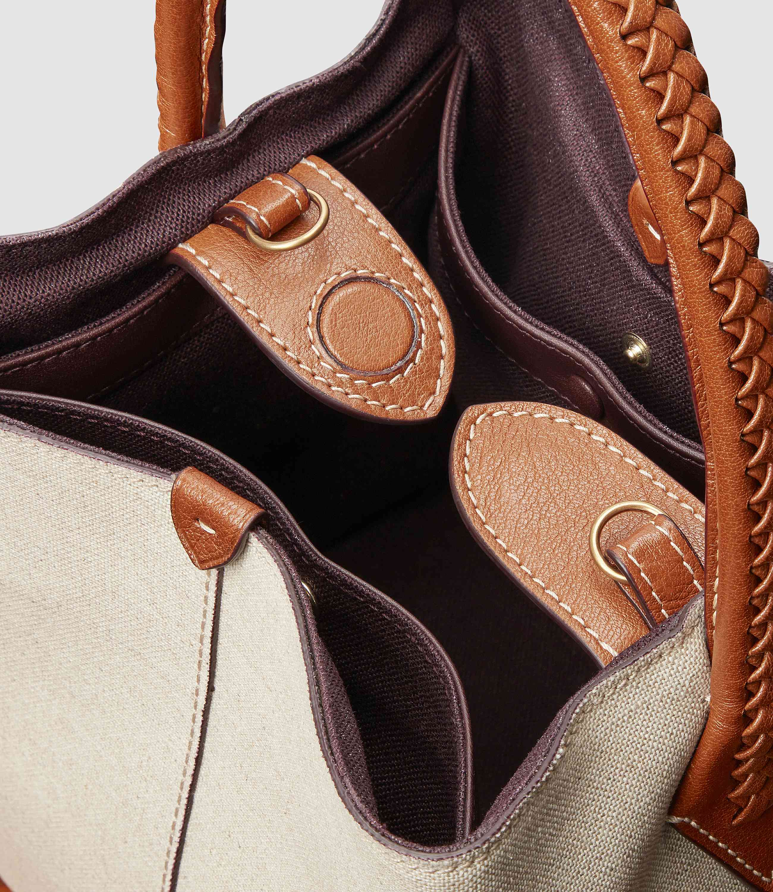 Vérité Mini Collapsible Tote Bag Natural Linen with Cognac - Image 3